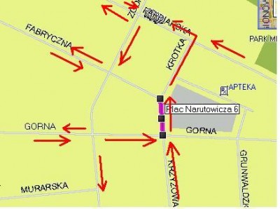 kierunkowość pobocznych ulic oznaczona strzałkami